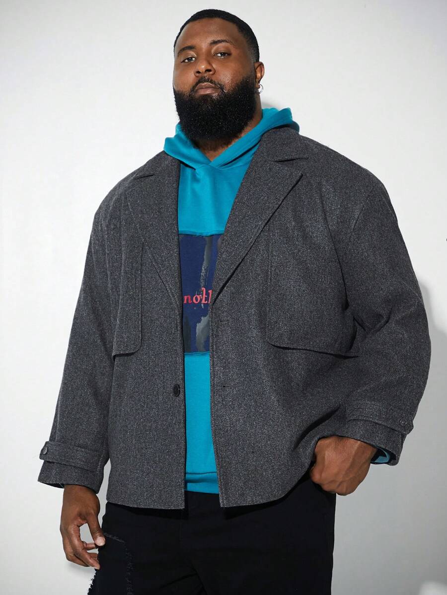 Manfinity VCAY Plus Size Men's Casual Turndown Collar Jacket, Suitable For Autumn And Winter - Black - View 1