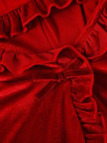 SHEIN 女婴新款天鹅绒短斗篷，带褶边和兜帽，圣诞红色 - 紅色 - 查看 5