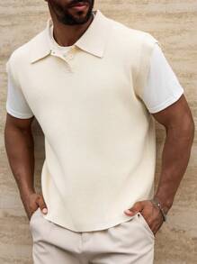 Manfinity Homme Men's Plus Size Solid Color Polo Collar Casual Sweater Vest For Autumn/Winter - Apricot - View 5