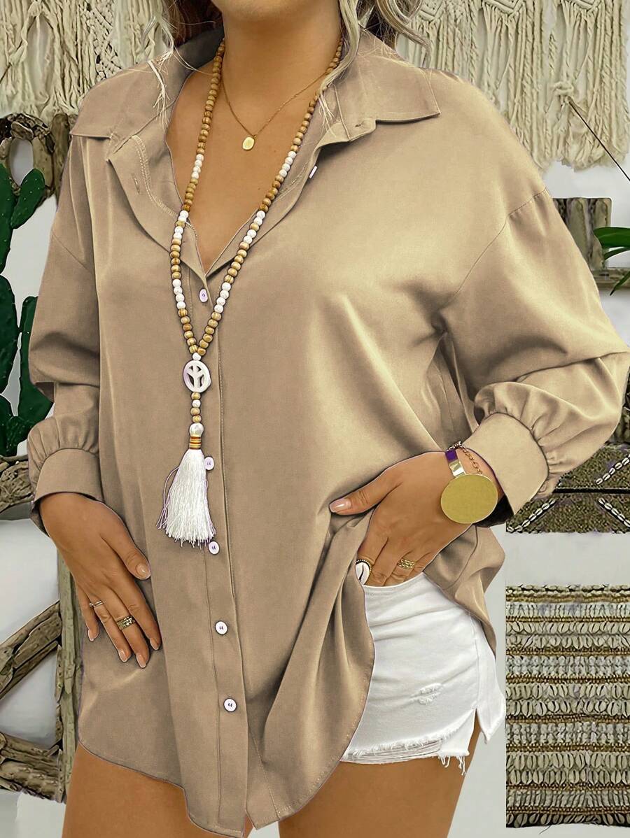 EMERY ROSE Plus Size Vrouwen Effen Kleur Drop Schouder Lange Mouw Casual Blouse Vrouwen Shirt