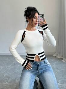 Chiquease Women's Round Neck Long Sleeve Fashionable Striped Design Fitted Cardigan - White - View 1