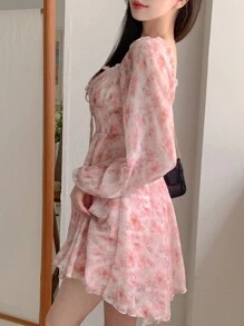 DAZY 1 件女士优雅花卉迷你连衣裙，双面设计，适合秋季 - 粉色 - 查看 4