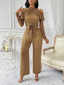 Lyxana Mono elegante de manga larga con volantes, cinturón y estampado vintage de toda la prenda para mujer