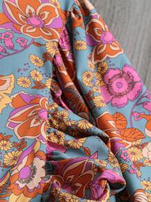 SHEIN LUNE 大码 V 领长袖优雅抽绳褶皱时尚连衣裙 - 彩色 - 查看 4