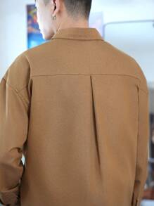 Claim Dot 男式宽松休闲落肩牛仔卡其衬衫 - 卡其色 - 查看 3