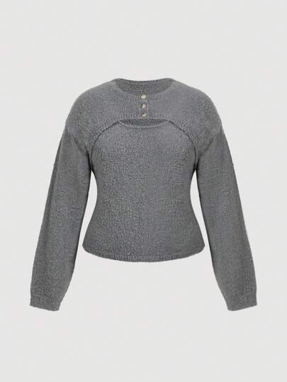 SHEIN MOD Plus Size Grey 2 In 1 Casual Pullover Short Sweater