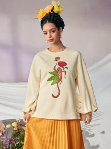 VALERIA GALIPOLI Frida Kahlo X SHEIN X Designer Hanorac cu mânecă lungă, supradimensionat, cu imprimeu animal print și crăpături laterale, pentru sărbători, Ziua Recunoștinței, iarnă, primăvară, festival - Caisă - Vizualizare 4