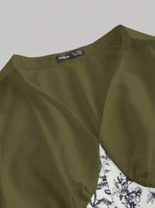 SHEIN MOD 女式纯色领子拼布长袖褶饰休闲连衣裙 - 軍綠色 - 查看 3