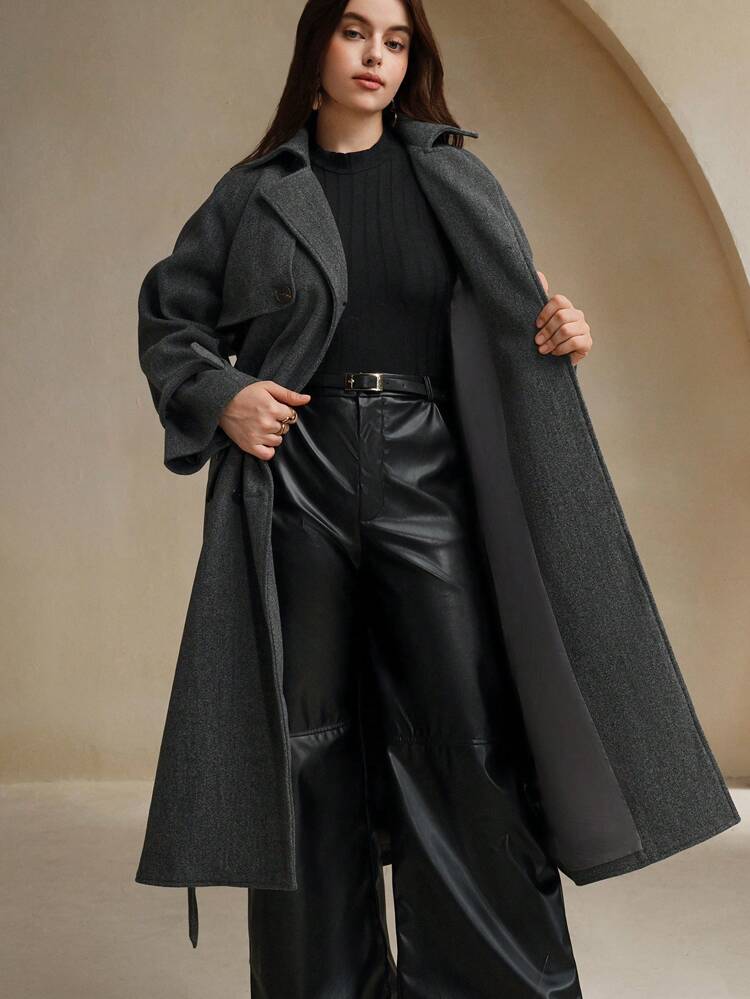 Anewsta Plus Size Women Elegant Loose Lapel Double-Breasted Long Gray Woolen Coat, Suitable For Fall, Autumn, Winter, Elegant, Chic, New Year, Casual, Christmas, Luxury