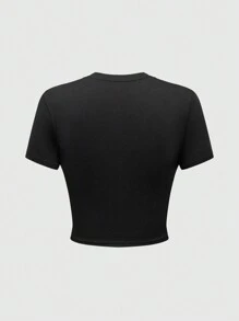 Batman X ROMWE Camiseta corta de manga corta casual con patrón de murciélago de strass, verano - Negro - Ver 5