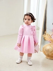 Abito rosa decorato con fiocco dolce per bimbe, autunno/inverno - Rosa - Visualizzare 4