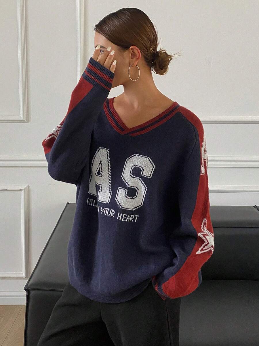 DAZY Color Block Letter Intarsia Oversized Long Sleeve Collegiate Sports Sweater For Women,Fall Women Clothes - Navy Blue - View 1