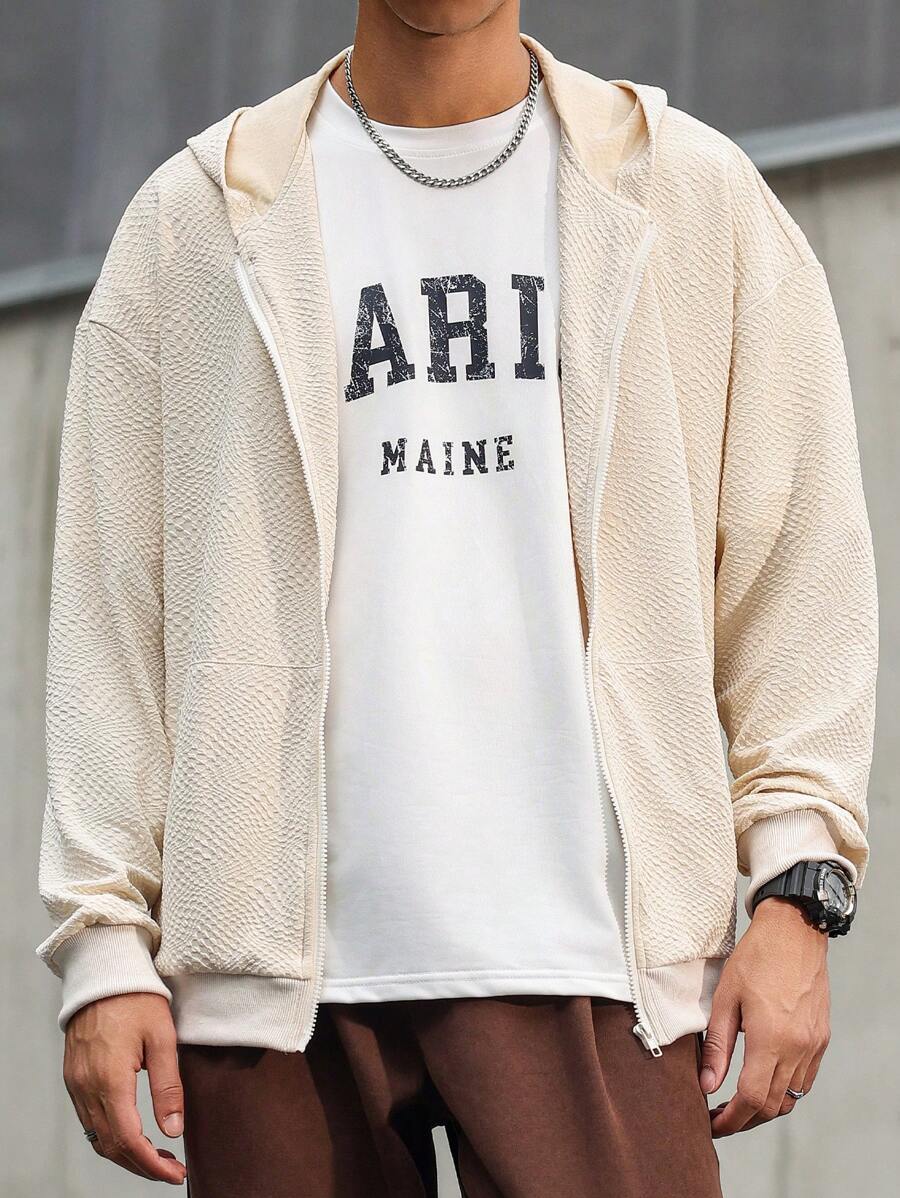 Manfinity Homme Áo nỉ có mũ trùm đầu kéo khóa vai thường ngày cho nam - Màu be - Xem 1