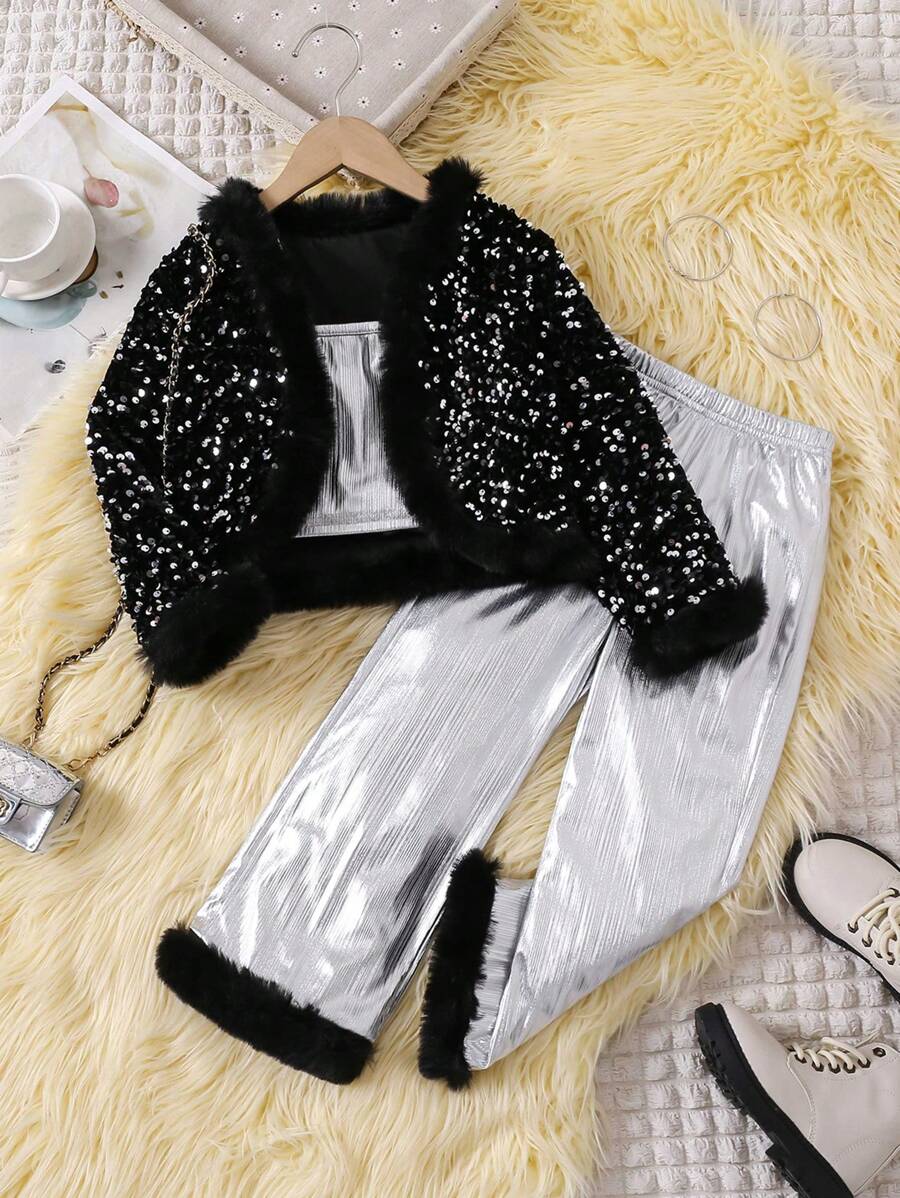 SHEIN 4 件套年轻女孩时尚优雅闪光毛绒保暖柔软贝雷帽，适合派对、节日、圣诞节、新年、生日活动、日常穿着 - 彩色 - 查看 1