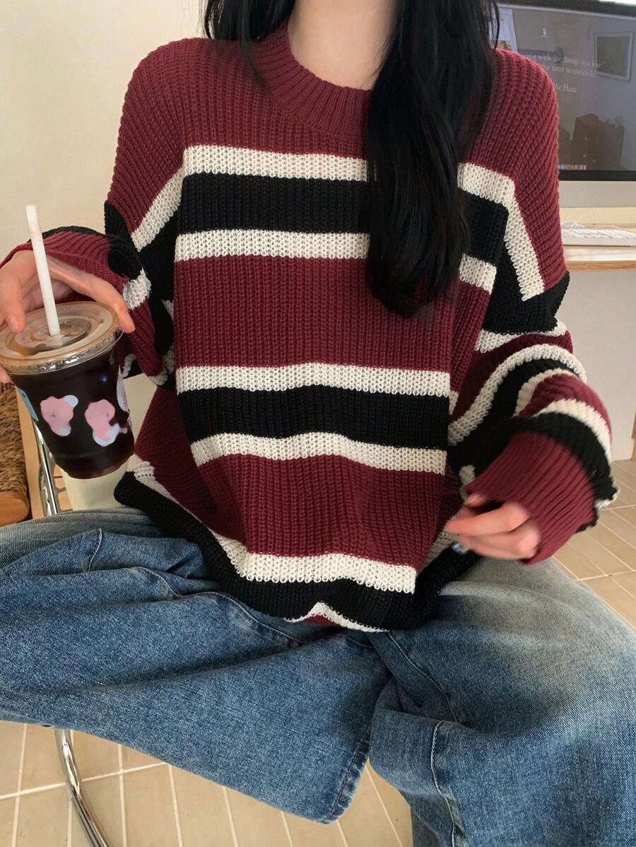 DAZY 女式圆领超大拼色套头毛衣、长袖上衣、秋装 - 彩色 - 查看 1
