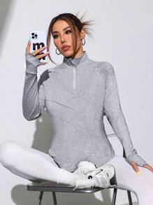 Easithlete 女士纯色拉链长袖连帽衫秋季拉链运动衫 - 灰色 - 查看 5