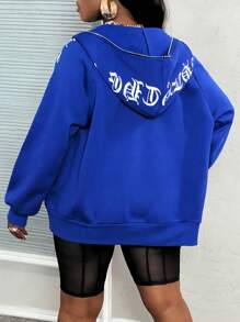 Slaydiva Sudadera con capucha de cremallera frontal con estampado de lema azul oversize - Azul - Ver 2