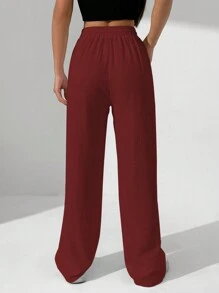 SHEIN Unity 女士纯色腰系带直腿宽松休闲裤 - 酒紅色 - 查看 2