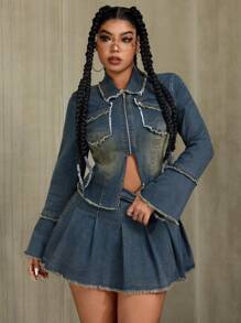 SHEIN ICON Plus Size Zip-Up Frayed Denim Jacket With Long Sleeves, Fashion Street Style - Blue - View 1
