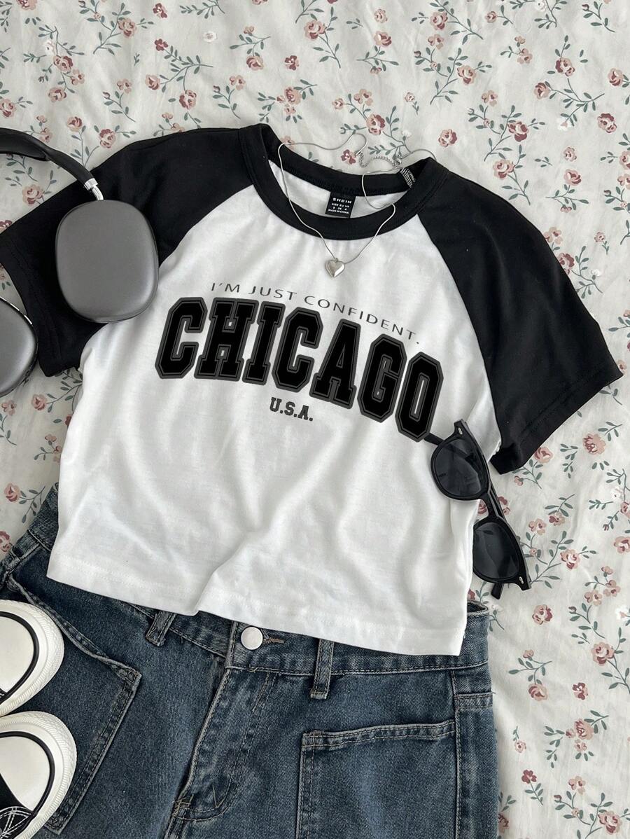 Attitoon Casual Minimalist "Chicago" Text Pattern Crew Neck Cropped Tight Fit Raglan Sleeve Colorblock Baby Tee For Women, Suitable For Back To School, Summer Suitable For Going Out - White - View 1