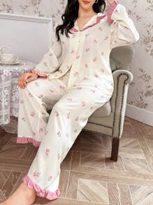 CottageSlumber Plus Size Contrast Color Ruffle Collar Floral Print Sleepwear Set - Pink - View 6