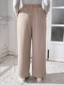 SHEIN Essnce Pantalones anchos de talle elástico con bolsillos para mujer talla grande de otoño e invierno, en color caqui, ropa informal, ropa de oficina, ropa de profesora, ropa de mujer, pantalones curvy, estilo "Old Money"