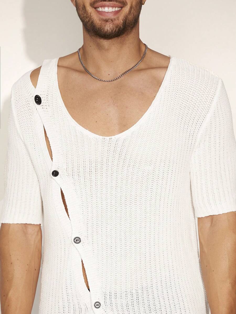 FeverCity Men's Solid Color V-Neck Short Sleeve Knitted Sweater - White - View 1