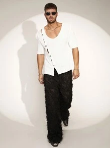 FeverCity Men's Solid Color V-Neck Short Sleeve Knitted Sweater - White - View 4