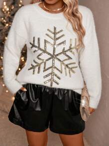 SHEIN Clasi 大码女式闪亮雪花图案落肩套头衫秋冬款