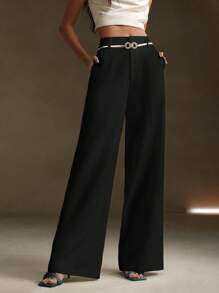 Anewsta Pantalones de traje modernos y urbanos de unicolor con adorno metálico en los bolsillos - Negro - Ver 3
