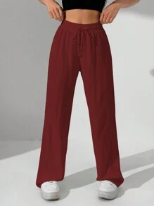 SHEIN Unity 女士纯色腰系带直腿宽松休闲裤 - 酒紅色 - 查看 1