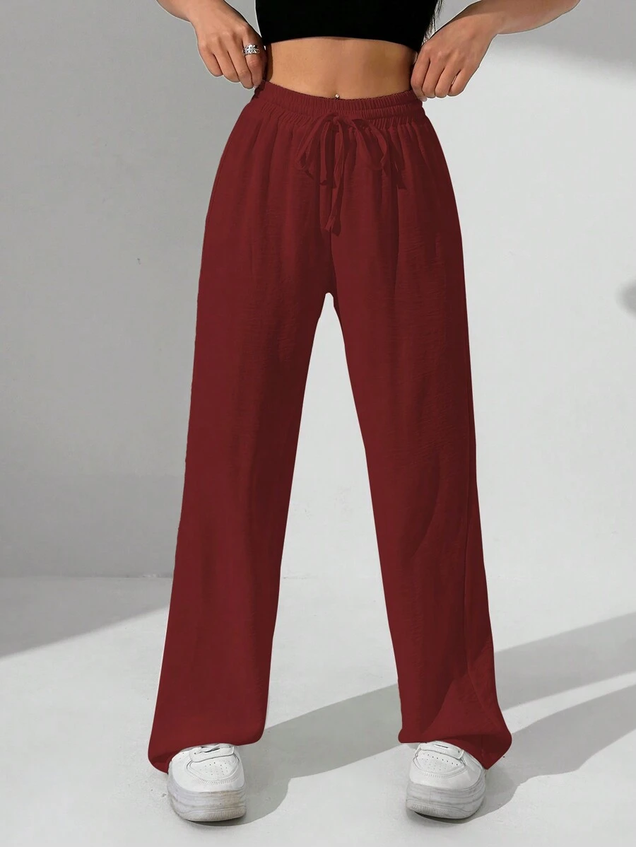 SHEIN Unity 女士纯色腰系带直腿宽松休闲裤 - 酒紅色 - 查看 1