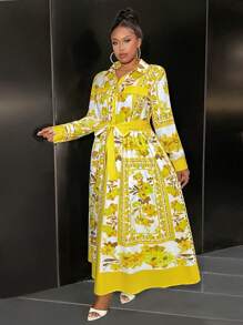 Slaydiva Fall Clothing Gorgeous High Price Palace Women's Plus Size Long Dress Long Sleeve Shirt Style A-Line,Beach Dress Sundress,Holiday Outfits Boho - Yellow - View 4