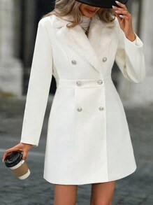 SHEIN Women's Solid Color Fluffy Panel Flat Collar Long Sleeve Button Front Simple Jacket Fall Winter Cloth For Women - Apricot - View 6