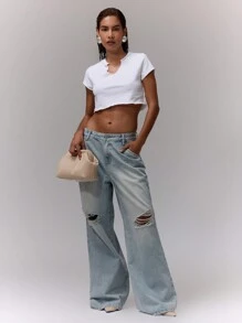 MUSERA Notch Neck Fitted Cropped Top Vacation Spring Summer Fall