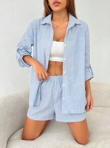 SHEIN PETITE Women's Fashion Vertical Striped Shirt Shorts Suit Commuting Simple Office Simple - Blue and White - View 3
