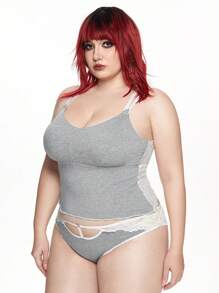 ROMWE Kawaii Set de lencería con sujetador inalámbrico con combinación de punto acanalado y encaje, tallas grandes cómodas - Gris - Ver 5