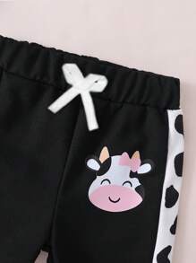 SHEIN Playful Pals 2 件装女婴可爱卡通奶牛印花运动衫和运动裤套装，秋季休闲装