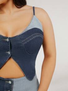 evoluSHEIN X Anitta Luiza Gafas Vestido vaquero de verano, vacaciones, fiesta, Acción de Gracias, cumpleaños y festivales, de talla grande, en estilo de diseñador con bloques de color en contraste y recortes