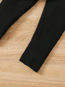 SHEIN Elladie kids 2 chiếc áo thun dài tay cổ tròn màu trơn cho bé gái trẻ, áo vest kẻ caro không tay và quần dài trang phục thường ngày - màu đen - Xem 6