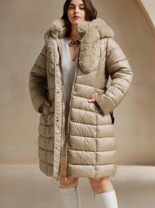 Anewsta 大码女式蓬松连帽系带长款夹克，温暖合身，适合冬季