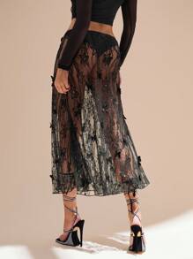 Glamine Women Lace Mesh Butterfly Decorated See-Through Skirt, Casual Summer
