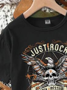 SHEIN EZwear Camiseta ligera de cuello redondo de manga corta con estampado de calavera de águila vintage casual grunge rock para mujer - Negro - Ver 3