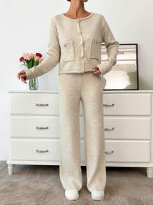 EURMUSE 2pcs Women's Solid Color Cable Knit Single-Breasted Cardigan And Long Pants Set, Autumn/Winter