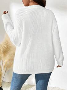 SHEIN LUNE 大码女式纯色宽松落肩长袖休闲毛衣，秋冬针织套头衫 - 白色 - 查看 2