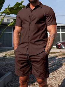 Manfinity Homme Men's Button Short Sleeve Casual T-Shirt And Drawstring Shorts Set - Coffee Brown - View 5