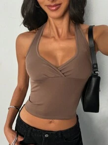 INAWLY Ladies Solid Color Simple Daily Halter Tie Sleeveless Tank Top - Coffee Brown - View 3