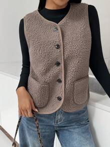 SHEIN Essnce Ladies' Casual Fashion Plush To Keep Warm All-Match Mocha Brown  Button V-Neck Sleeveless With Pocket Jacket