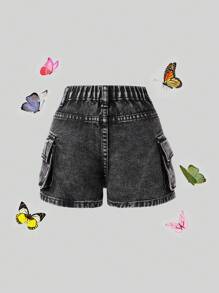 SHEIN Young Girls' 3D Cargo Multiple Pocket Cute & Denim Shorts, School, Campus, College Summer Holiday - Black - View 2