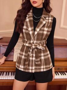 Vintamour Retro Elegant Women Regular Jacket, Autumn/Winter Fitted Waist Tie Belt Sleeveless Plaid Vest Jacket Vest Women Jackets Renaissance Fair Winter Women Coat Business Women Clothes Women Blazers Fall Women Outfits Homecoming Thanksgiving Women Outfit Fall Clothes Halloween Women Dress Winter Women Dress Women Blazers